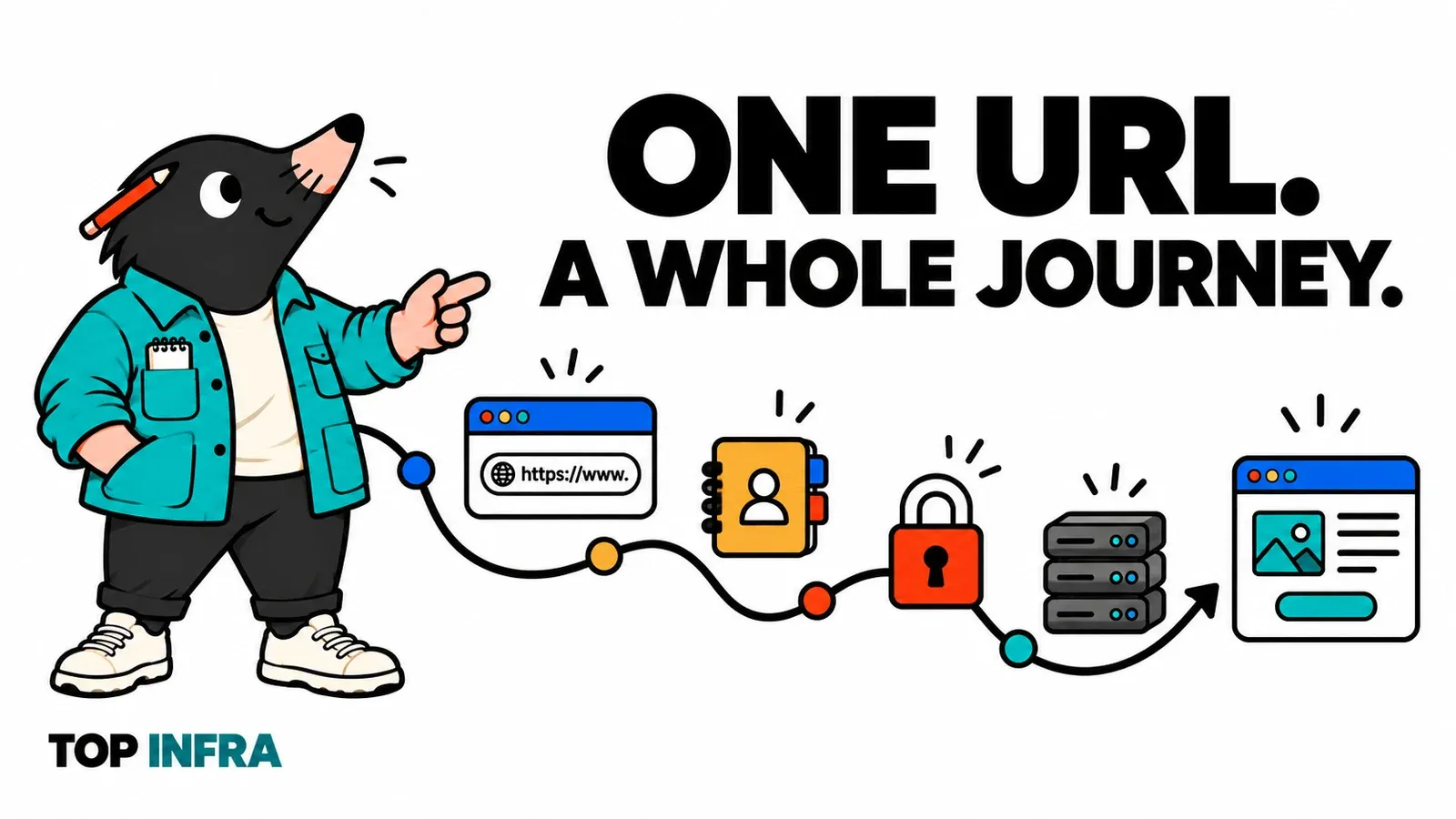 TOP Infra follows an illustrated route from a web address to a rendered page.