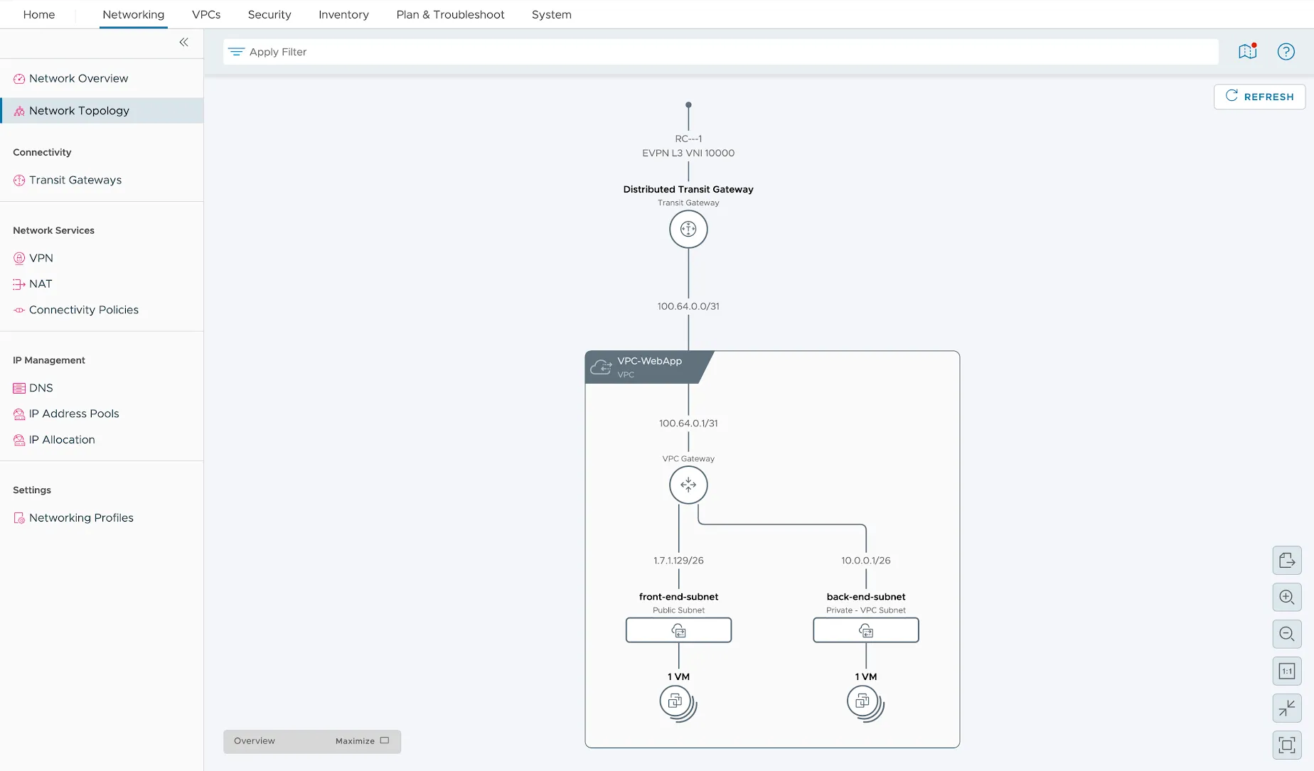 NSX network topology: EVPN L3 VNI 10000, Distributed Transit Gateway, VPC-WebApp with public front-end-subnet and private back-end-subnet